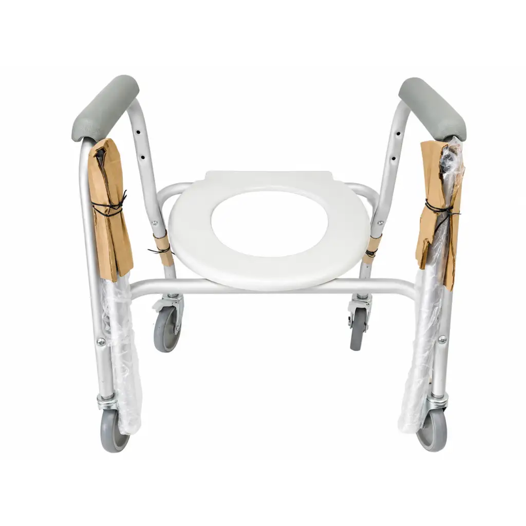 Invacare 6358 mobile shower commode chair with silver frame gray padded handles white plastic seat and wheels