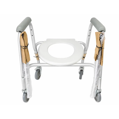 Invacare 6358 mobile shower commode chair with silver frame gray padded handles white plastic seat and wheels