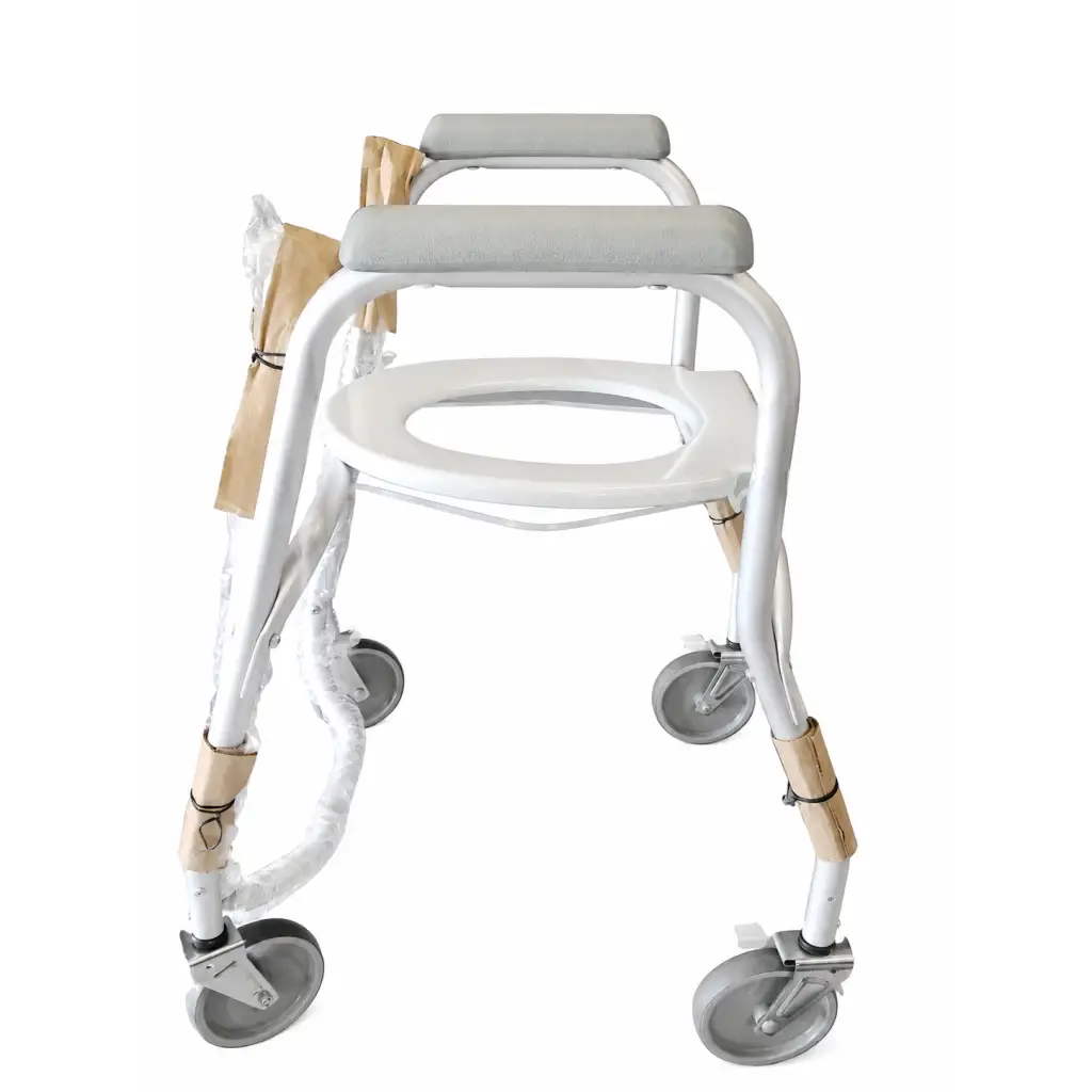 White metal-framed mobile shower commode chair with gray padded seat and four swivel wheels for easy mobility