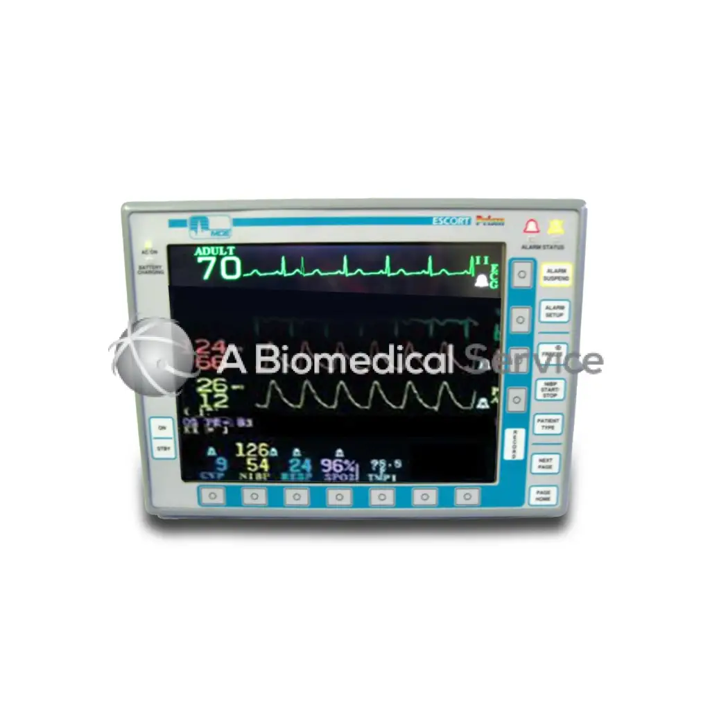 Gray and blue invivo mde prism medical monitor displaying ecg waveform oxygen saturation and vital signs on digital screen