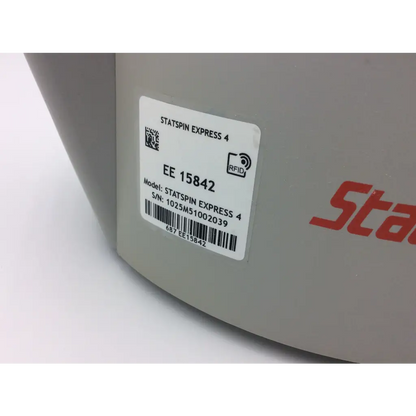 Gray iris statspin express 4 high-speed centrifuge with white label showing model and serial number information