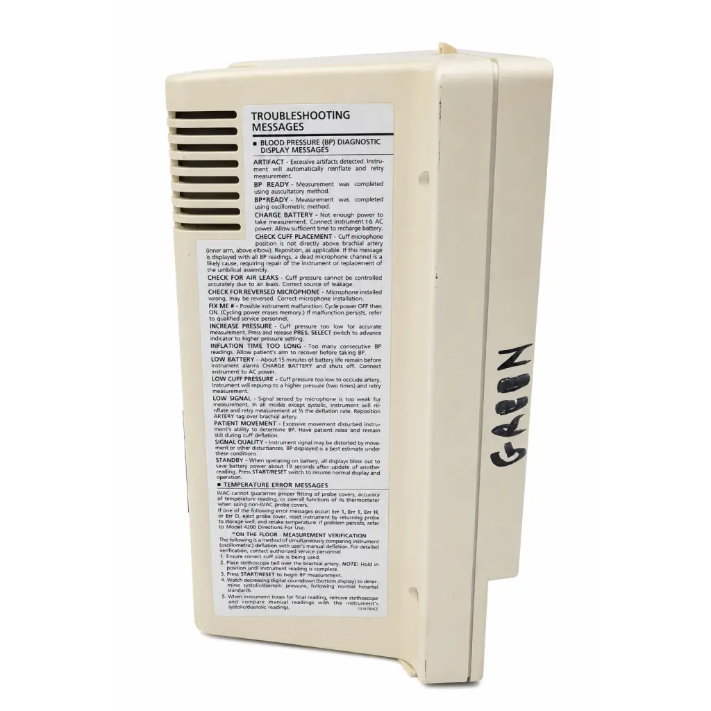 White paper with black text detailing troubleshooting messages for the biomed certified ivac 4200 vital-check patient monitor