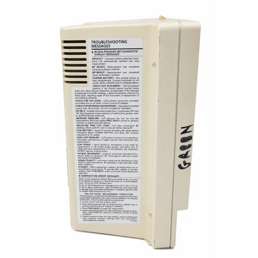 White paper with black text detailing troubleshooting messages for the ivac 4200 vital-check patient monitor