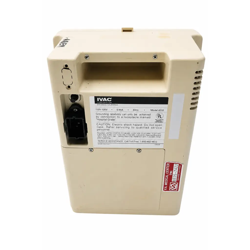 Beige plastic ivac 4200 vital-check patient monitor back with black power connector and ventilation slots biomed certified
