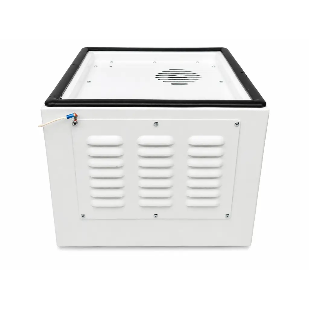 White rectangular biomed certified zenotec cyclon dental dust extractor with black trim and louvered side panels