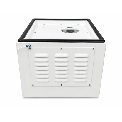 White rectangular biomed certified zenotec cyclon dental dust extractor with black trim and louvered side panels