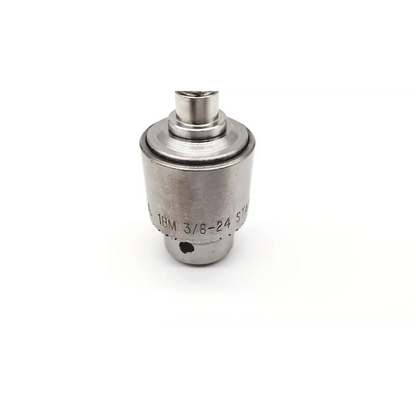 Silver metallic 3/8-24 socket adapter for jacobs 1bm keyed drill chuck with cylindrical body and threaded end