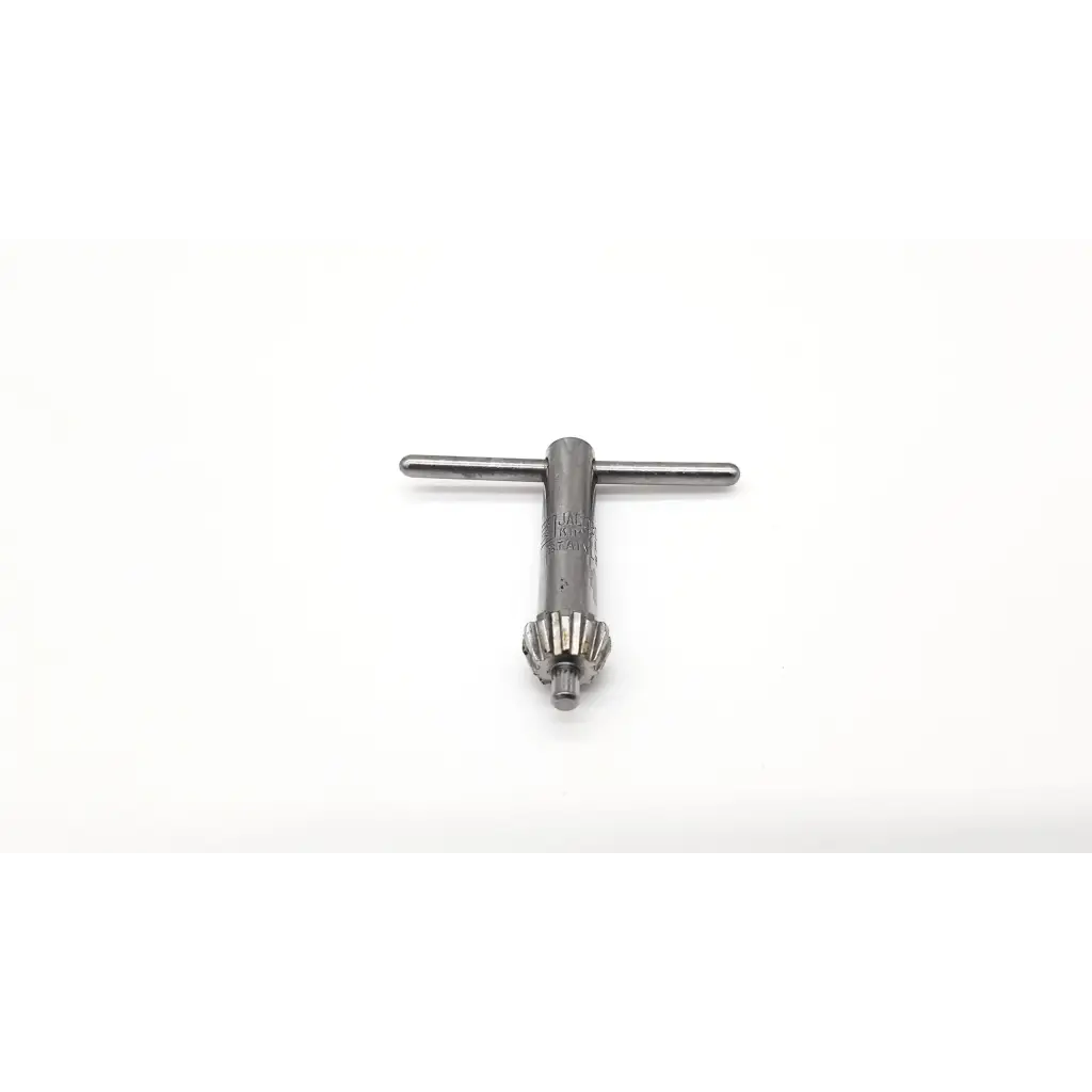 Silver metal drill chuck with t-shaped handle and gear-like teeth in jacobs 1m kim key stainless steel design