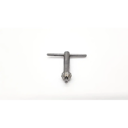 Silver metal drill chuck with t-shaped handle and gear-like teeth in jacobs 1m kim key stainless steel design