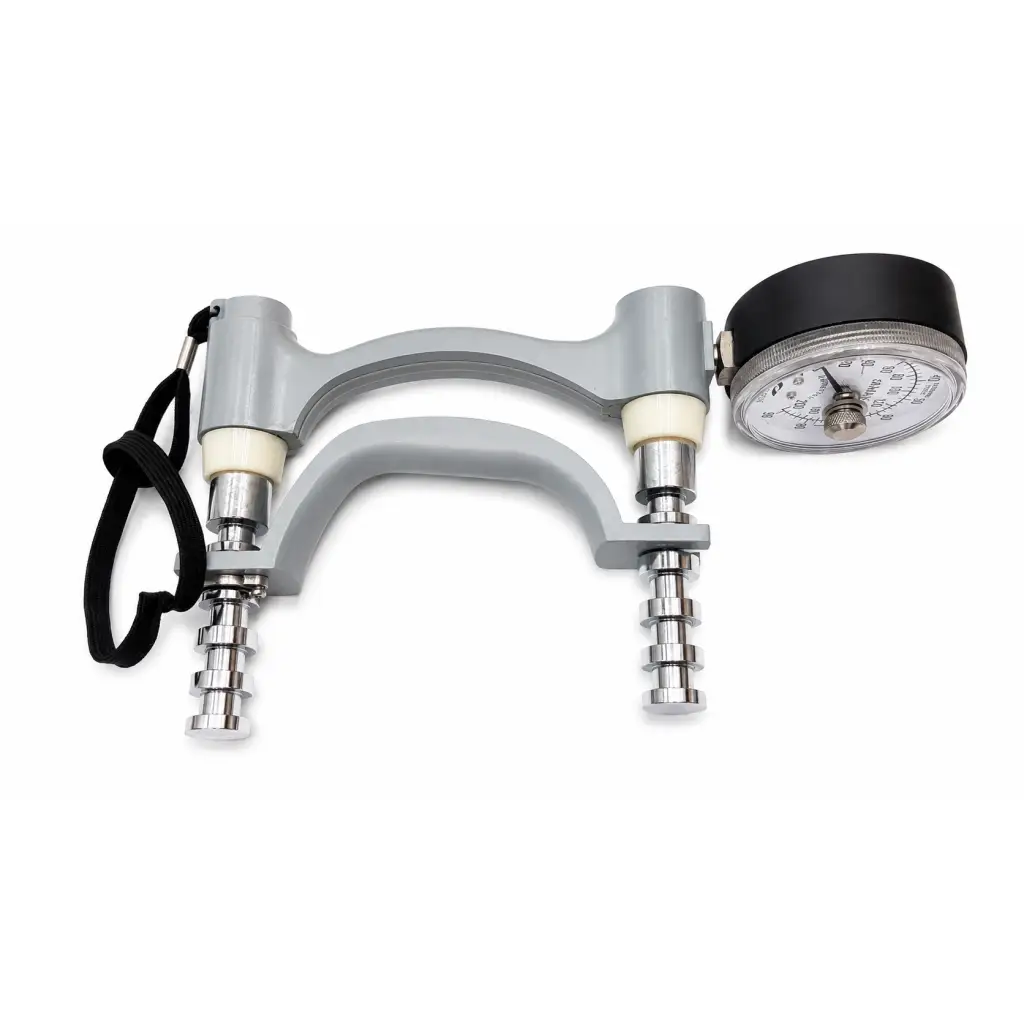 Gray plastic biomed certified hand dynamometer with black and silver pressure gauge for hydraulic hand strength testing