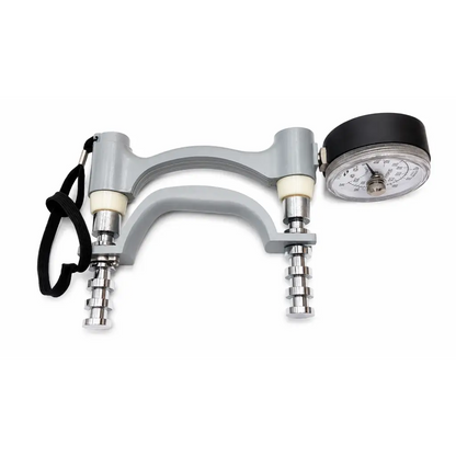Gray plastic biomed certified hand dynamometer with black and silver pressure gauge for hydraulic hand strength testing