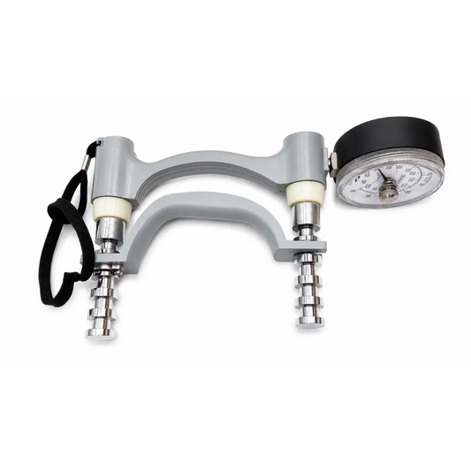 Gray plastic hand dynamometer with black and silver pressure gauge for hydraulic hand strength testing