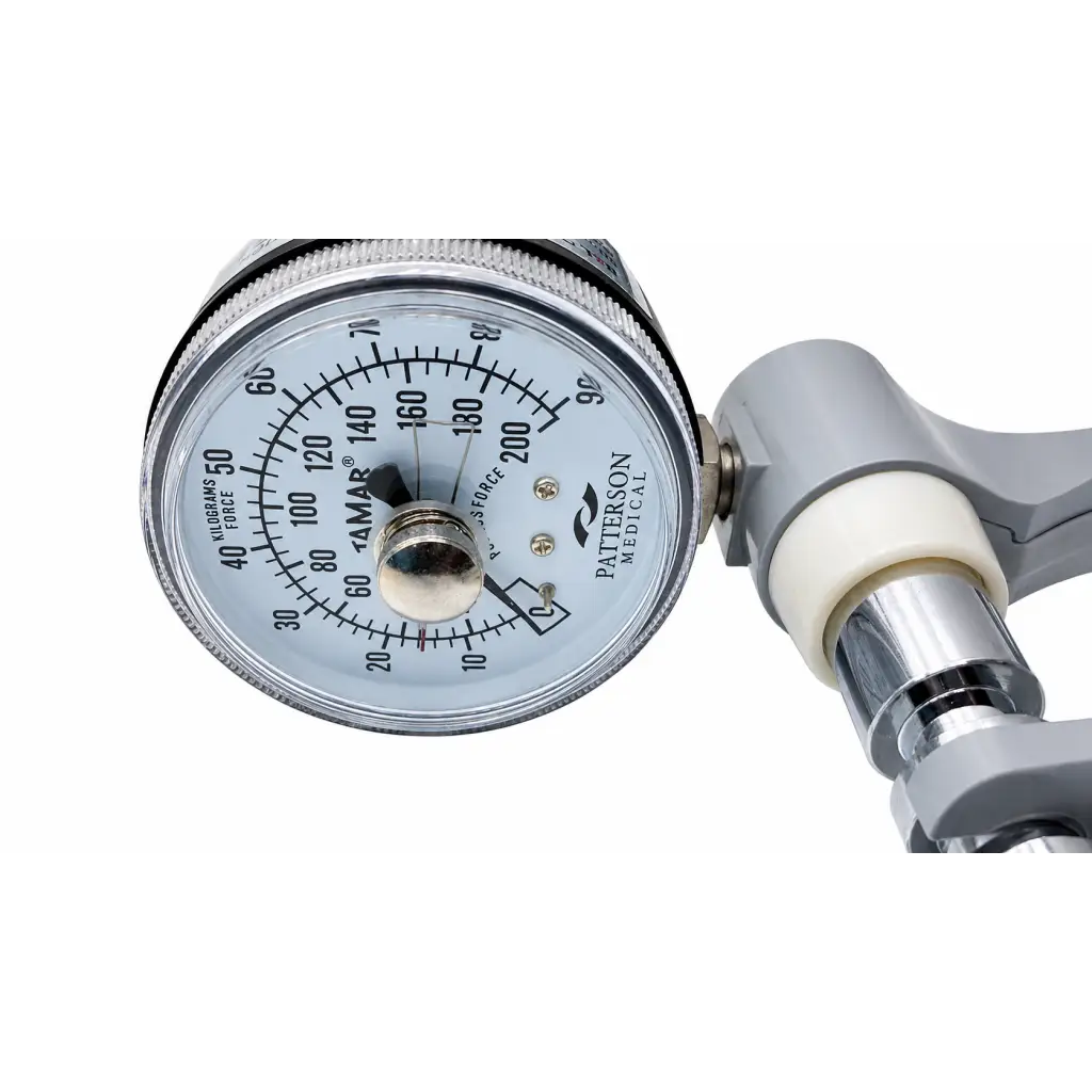Silver and gray patterson hydraulic hand dynamometer with circular kilogram-force dial biomed certified with carrying case