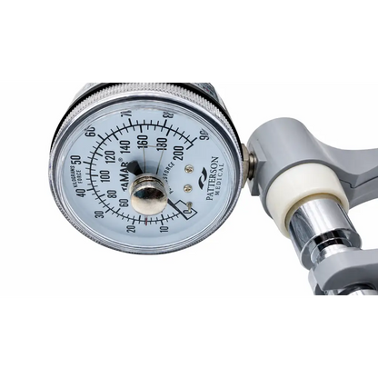 Silver and gray patterson hydraulic hand dynamometer with circular kilogram-force dial biomed certified with carrying case