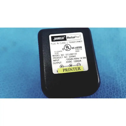 Black plastic jameco reliapro plug-in class 2 transformer with white label showing transformer input 120 vac model details