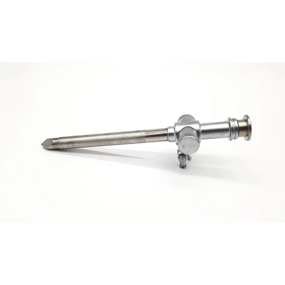 Silver surgical retractor with polished metallic finish and adjustable knobs for jarit 600-440 piston valve cannula use