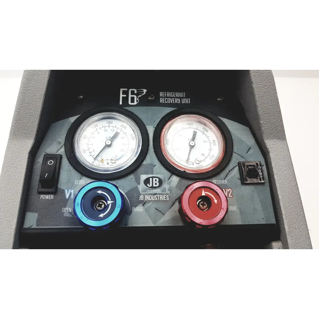 Jb industries f6-dp piston refrigerant recovery unit with dual pressure gauges and colored valve caps for easy use
