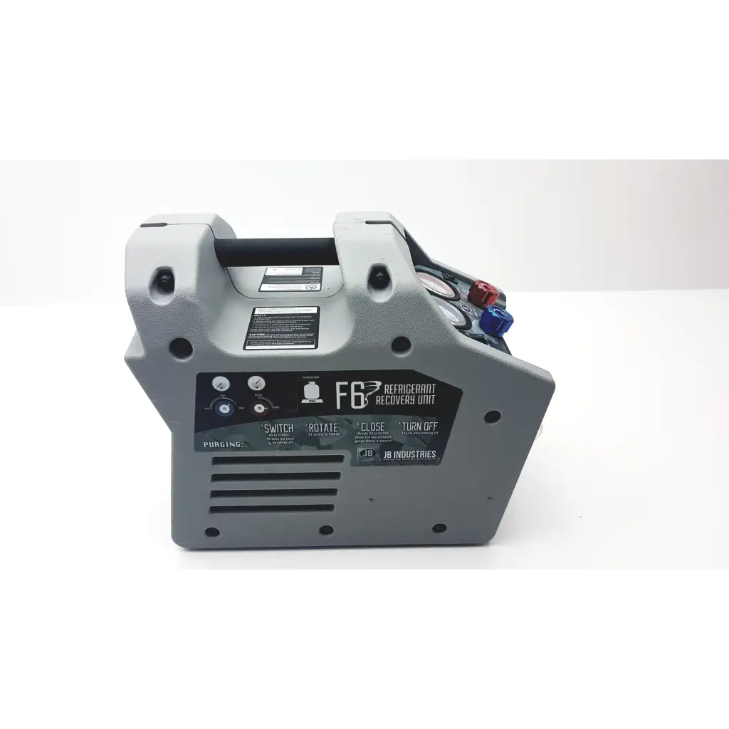 Gray plastic jb industries f6-dp piston refrigerant recovery unit with red and blue fittings for piston refrigerant recovery