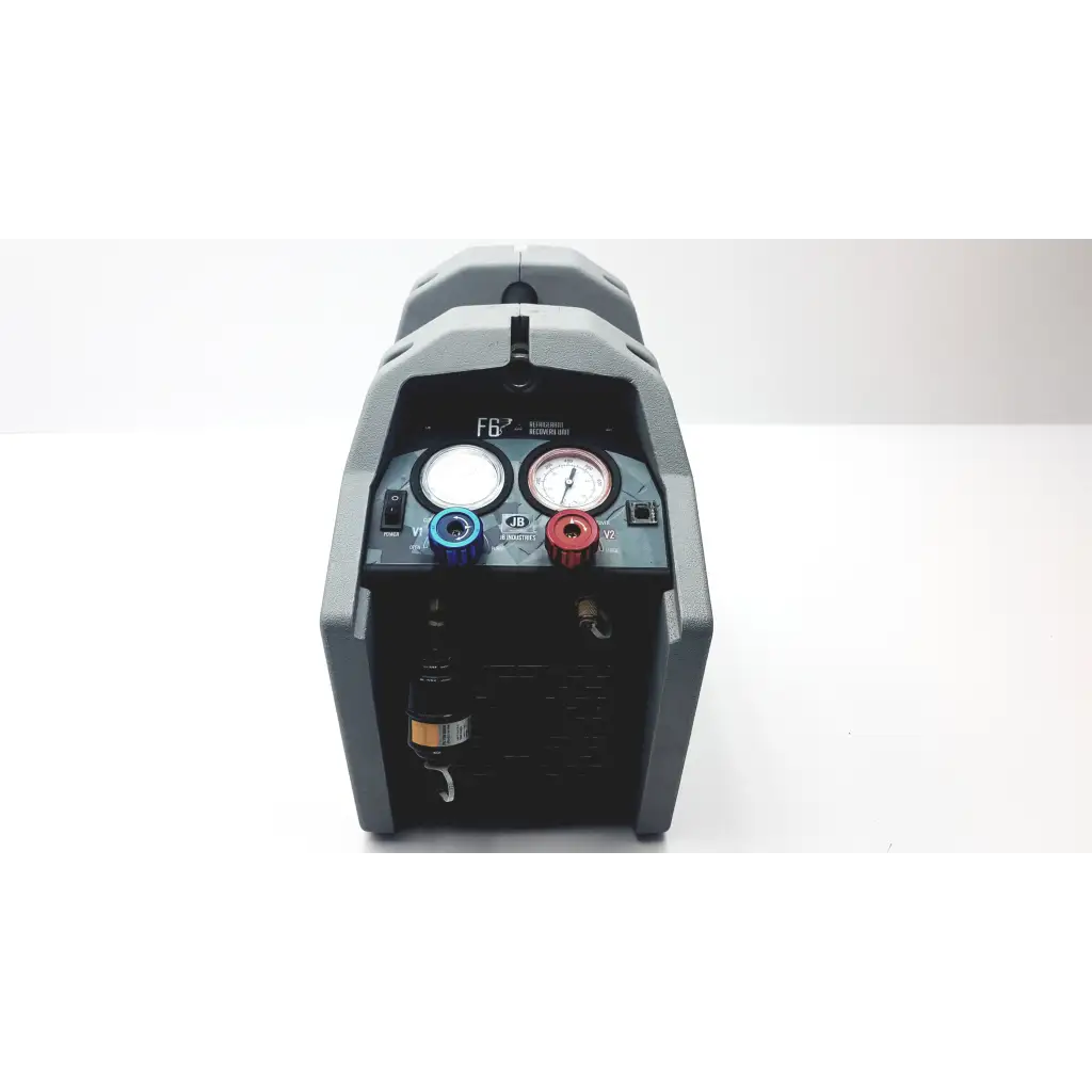 Jb industries f6-dp gray and black piston refrigerant recovery unit with dual pressure gauges and colored valve caps