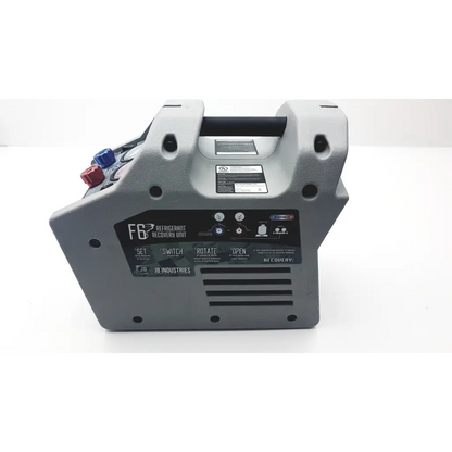 Gray plastic jb industries f6-dp piston refrigerant recovery unit with black handle and colored valves for refrigerant recovery