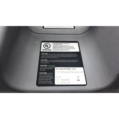 Black and white label on jb industries inc piston refrigerant recovery unit for efficient refrigerant recovery