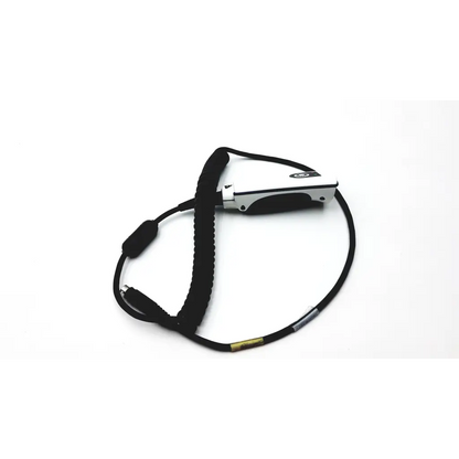 Black and silver handheld barcode scanner with coiled cable jdk-1797 rev a 150514-040 for biomedical service and replacement parts