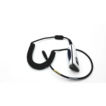 White and navy handheld barcode scanner with black coiled cord for biomedical service and responsible electronics recycling replacement parts