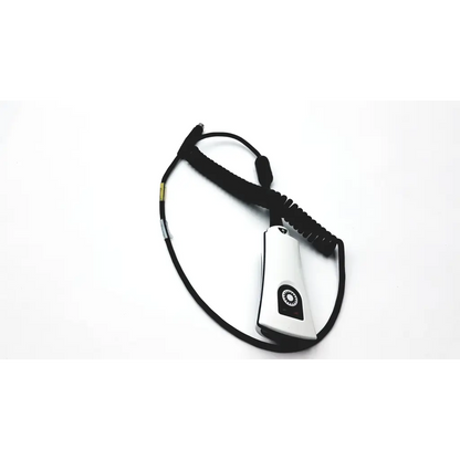 Silver and black corded key fob with coiled cable for biomedical service and responsible electronics recycling replacement parts