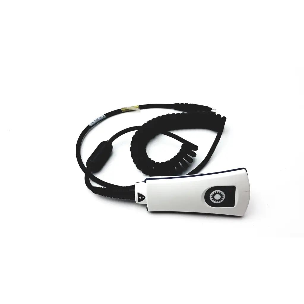 White handheld jadak barcode scanner jdk-1799 rev a with black coiled cable and circular front logo