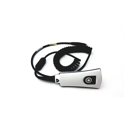 White handheld jadak barcode scanner jdk-1799 rev a with black coiled cable and circular front logo