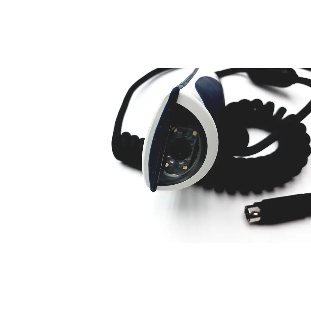 White and navy blue handheld jadak barcode scanner jdk-1799 rev with coiled black cable for flexible use