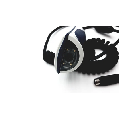 White and navy blue handheld jadak barcode scanner jdk-1799 rev with coiled black cable for flexible use