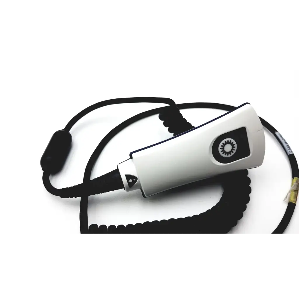 White handheld jadak barcode scanner jdk-1799 rev a with black coiled cable and circular logo on front surface