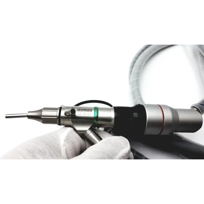 Silver surgical drill with black accents and green red markings on jedmed 39-8160 video otoscope head with camera attachment