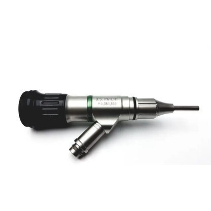 Silver surgical video camera otoscope head with black textured grip and green patent band for medical use