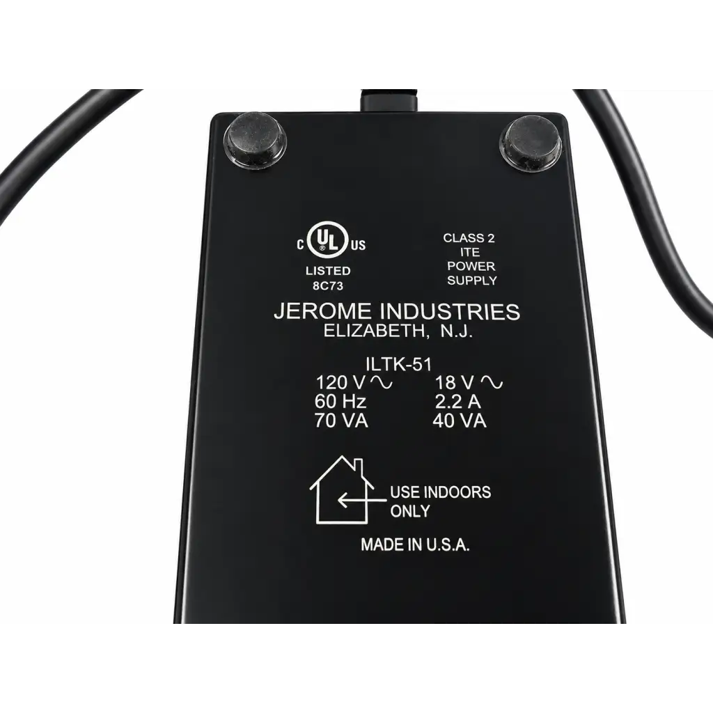 Black rectangular jerome industries iltk-51 power supply adapter with white labeling for 120v 60hz 2.2a power supply