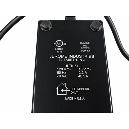 Black rectangular jerome industries iltk-51 power supply adapter with white labeling for 120v 60hz 2.2a power supply