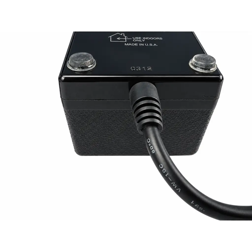 Black rectangular indoor heater with textured sides and clear caps on top by jerome industries power supply adapter