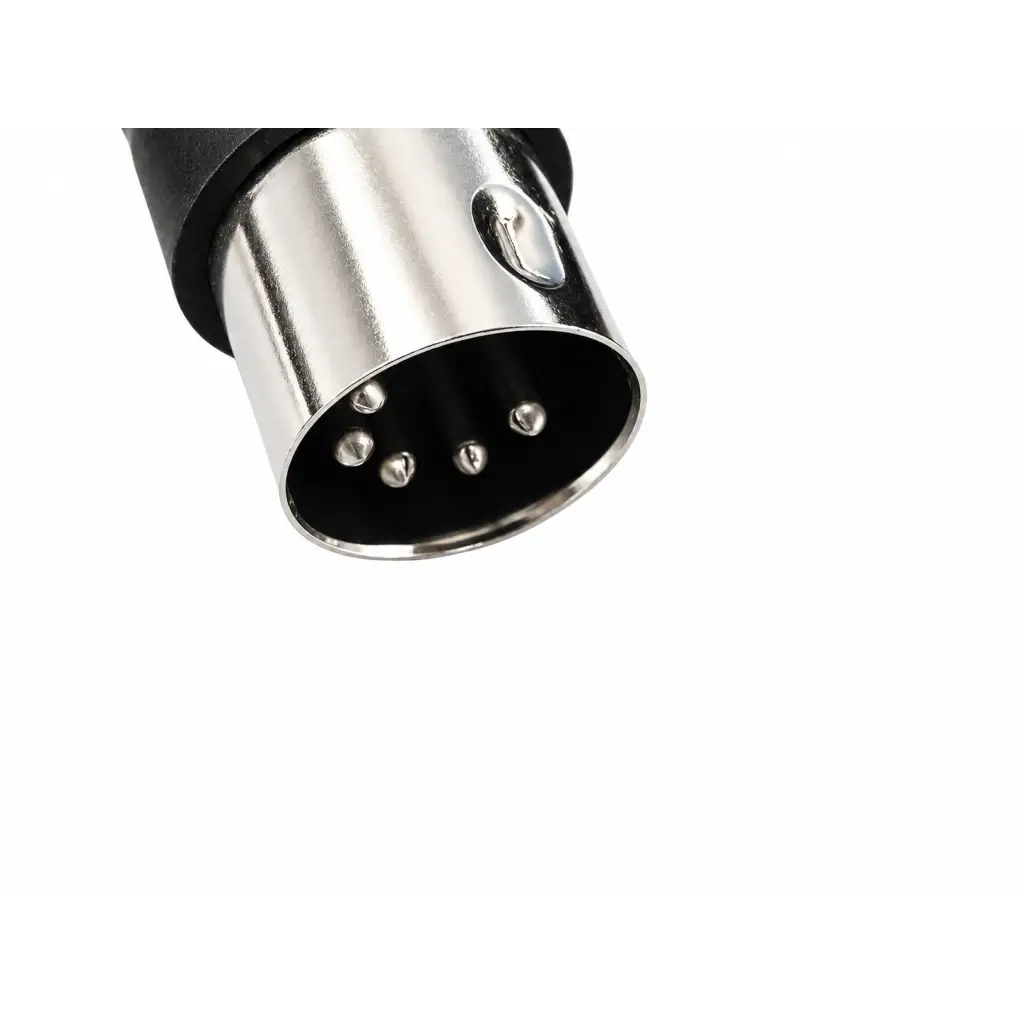 Silver xlr audio connector with black rubberized grip and five pins on jerome industries power supply adapter iltk-51