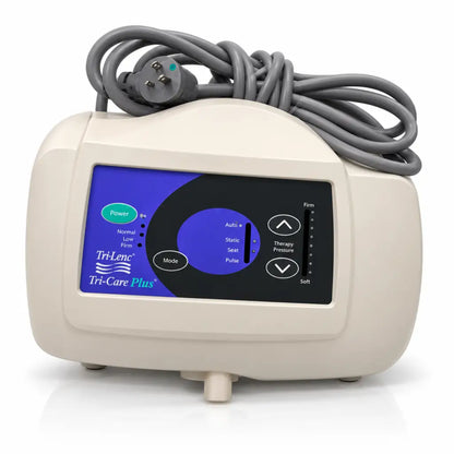 Cream-colored joerns tri-line txcair plus hospital air mattress pump control unit with blue black control panel and therapy buttons