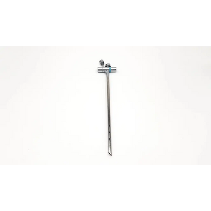 Silver surgical retractor with t-shaped handle and slender pointed tip for karl storz 10338a scope tube use