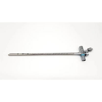 Silver karl storz 10338a scope tube with long slender shaft and t-shaped handle featuring blue accents