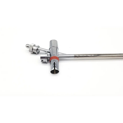 Silver-colored karl storz 10338c branch tube surgical instrument with red band and metallic components for medical use