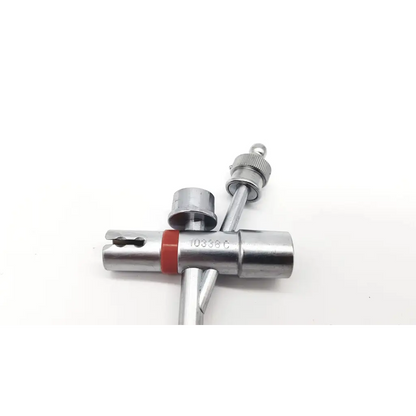 Silver metallic tire valve stem tool with red rubber band and engraved markings for karl storz 10338c branch tube