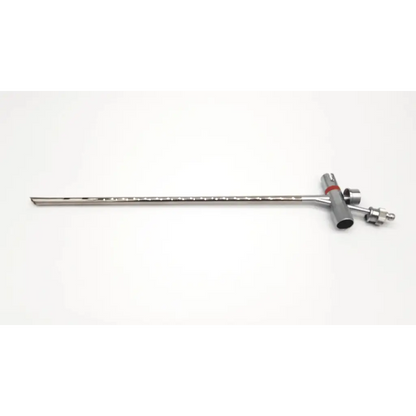 Silver karl storz 10338c branch tube surgical instrument with a long shaft and t-shaped handle with red accents