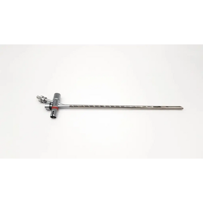 Silver surgical retractor with a long handle and t-shaped head featuring adjustment knobs for karl storz 10338c branch tube