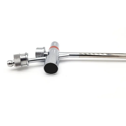 Silver-colored metal surgical instrument with textured knob and red band near joint karl storz 10338c branch tube