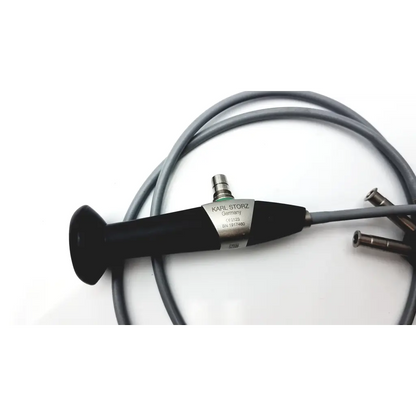 Black karl storz intubation fiberscope with metallic label and coiled gray cable for medical use