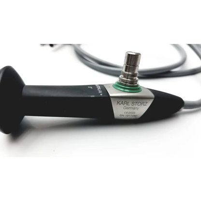 Black and silver karl storz intubation fiberscope with metallic tip and green accent ring for medical use