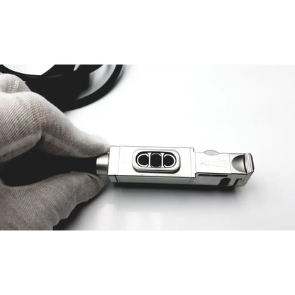 Silver metallic usb flash drive with three circular cutouts engraved logo for karl storz imaging precise medical procedures